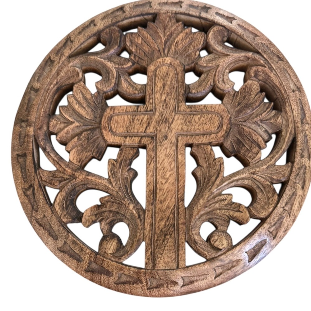 Hand‎ Carved Wooden Cross Wall Plaque Round Floral Scrollwork Religious Decor